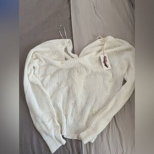 Jessica Simpson Cream V-Neck Sweater with Pearl Details